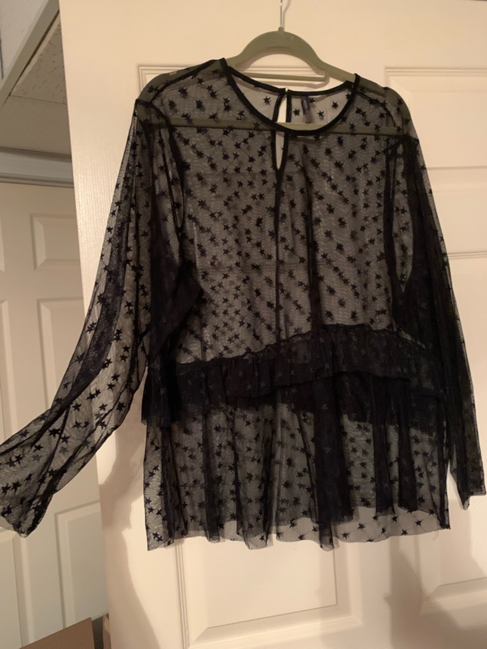 Massini Black Star-Embroidered Mesh Top